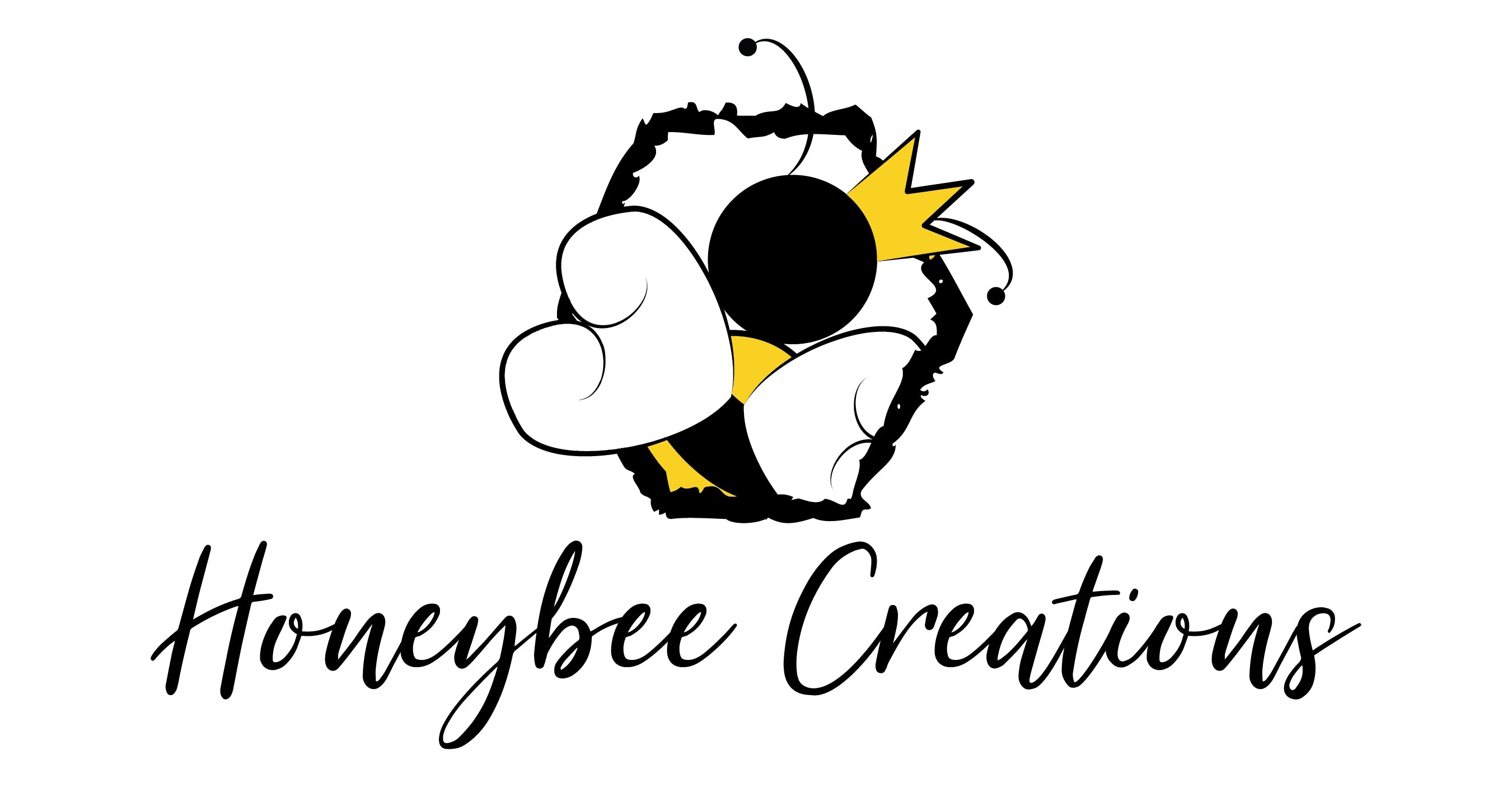 Cartoon queen bee in hexagon with "Honeybee Creations" under it.